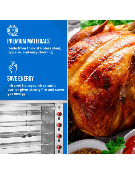 
Dujinė kepsninė 25 vištoms, 5 iešmeliai, propanas-butanas, 25 kW
