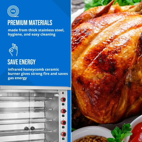 
Dujinė kepsninė 30 vištų, 6 iešmeliai, propanas-butanas, 30 kW
