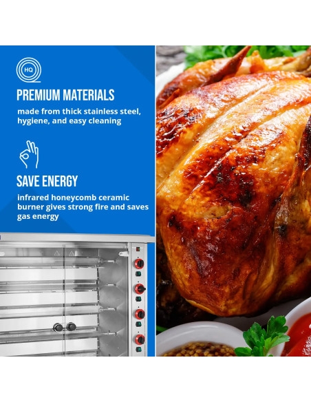 
Dujinė kepsninė 30 vištų, 6 iešmeliai, propanas-butanas, 30 kW
