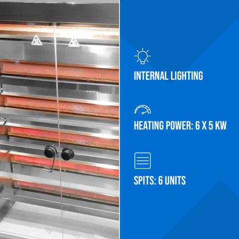 
Dujinė kepsninė 30 vištų, 6 iešmeliai, propanas-butanas, 30 kW
