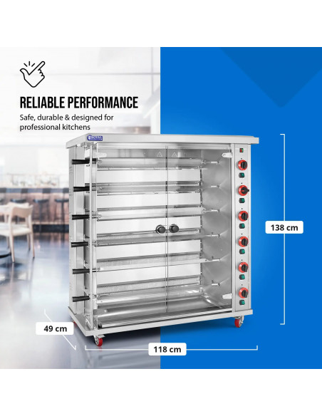 
Dujinė kepsninė 30 vištų, 6 iešmeliai, propanas-butanas, 30 kW
