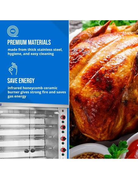 
Dujinė kepsninė 40 vištų, 8 iešmeliai, propanas-butanas, 40 kW
