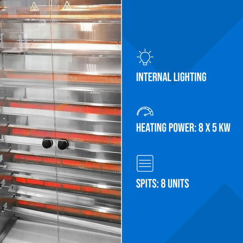 
Dujinė kepsninė 40 vištų, 8 iešmeliai, propanas-butanas, 40 kW
