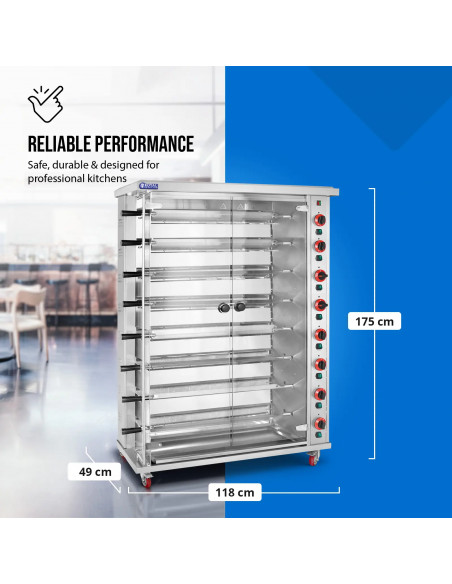 
Dujinė kepsninė 40 vištų, 8 iešmeliai, propanas-butanas, 40 kW
