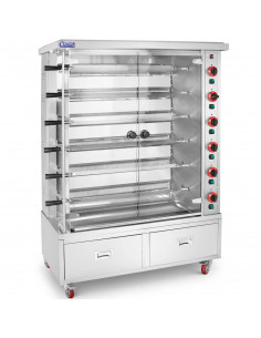 
Dujinė iešminė kepsninė 30 vištų, 6 iešmeliai, 2 stalčiai ant ratukų, 40 kW
