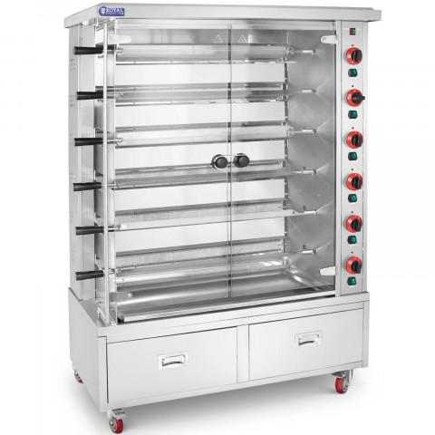 
Dujinė iešminė kepsninė 30 vištų, 6 iešmeliai, 2 stalčiai ant ratukų, 40 kW
