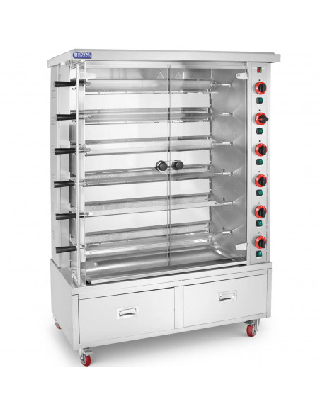 
Dujinė iešminė kepsninė 30 vištų, 6 iešmeliai, 2 stalčiai ant ratukų, 40 kW
