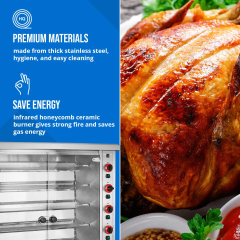 
Dujinė iešminė kepsninė 30 vištų, 6 iešmeliai, 2 stalčiai ant ratukų, 40 kW
