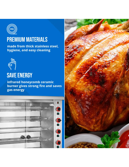 
Dujinė iešminė kepsninė 30 vištų, 6 iešmeliai, 2 stalčiai ant ratukų, 40 kW
