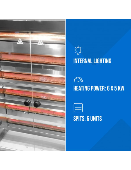
Dujinė iešminė kepsninė 30 vištų, 6 iešmeliai, 2 stalčiai ant ratukų, 40 kW
