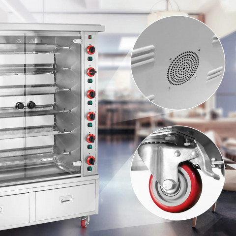 
Dujinė iešminė kepsninė 30 vištų, 6 iešmeliai, 2 stalčiai ant ratukų, 40 kW
