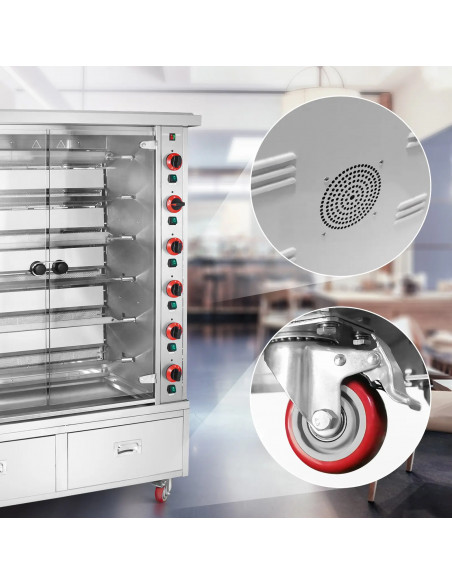 
Dujinė iešminė kepsninė 30 vištų, 6 iešmeliai, 2 stalčiai ant ratukų, 40 kW
