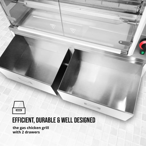 
Dujinė iešminė kepsninė 30 vištų, 6 iešmeliai, 2 stalčiai ant ratukų, 40 kW
