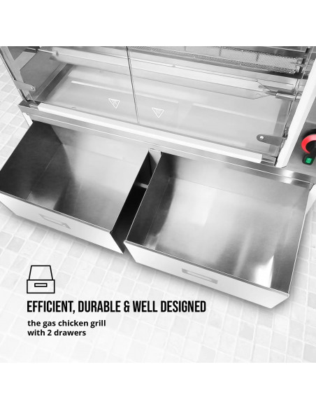 
Dujinė iešminė kepsninė 30 vištų, 6 iešmeliai, 2 stalčiai ant ratukų, 40 kW
