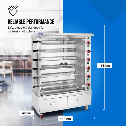 
Dujinė iešminė kepsninė 30 vištų, 6 iešmeliai, 2 stalčiai ant ratukų, 40 kW
