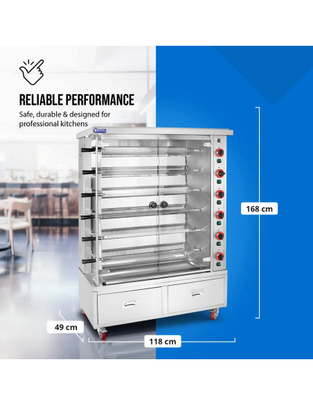 
Dujinė iešminė kepsninė 30 vištų, 6 iešmeliai, 2 stalčiai ant ratukų, 40 kW
