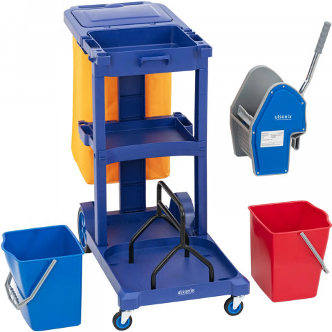 
Grindų plovimo vežimėlis su 2 kibirais, gręžtuvu, skalbinių maišu, 3 lentynomis, 18 l
