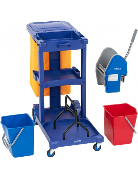 
Grindų plovimo vežimėlis su 2 kibirais, gręžtuvu, skalbinių maišu, 3 lentynomis, 18 l
