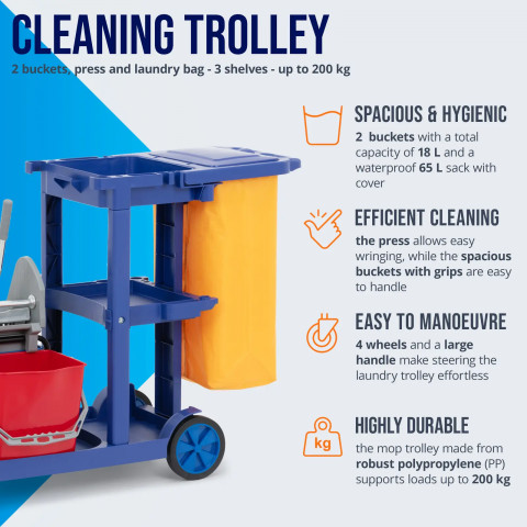 
Grindų plovimo vežimėlis su 2 kibirais, gręžtuvu, skalbinių maišu, 3 lentynomis, 18 l
