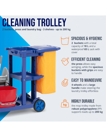 
Grindų plovimo vežimėlis su 2 kibirais, gręžtuvu, skalbinių maišu, 3 lentynomis, 18 l
