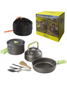 
Kempingo stalo įrankiai, virdulys, puodas, keptuvė, stalo įrankiai, rinkinys 2 asmenims
