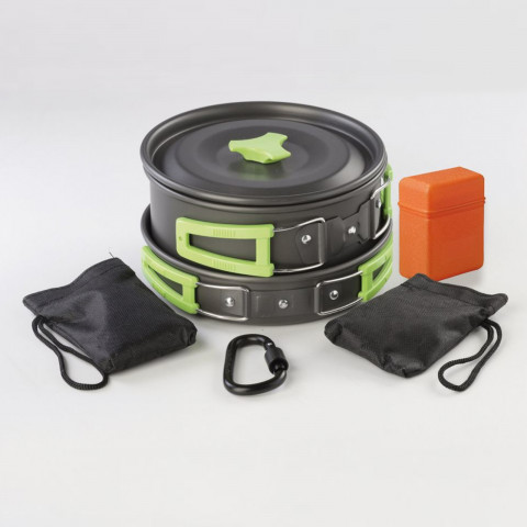
Kempingo stalo įrankiai, virdulys, puodas, keptuvė, stalo įrankiai, rinkinys 2 asmenims
