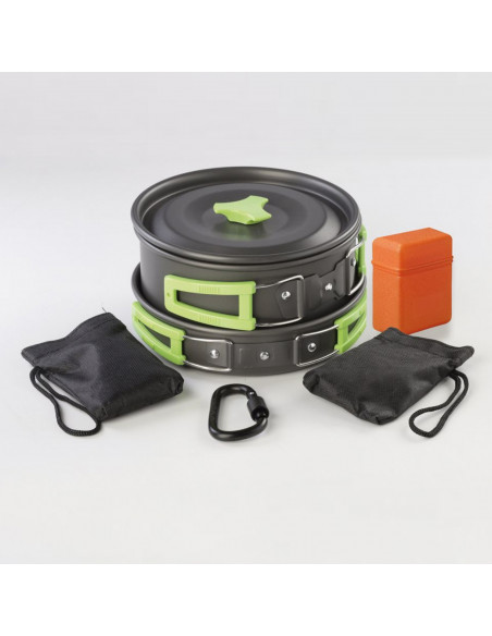 
Kempingo stalo įrankiai, virdulys, puodas, keptuvė, stalo įrankiai, rinkinys 2 asmenims
