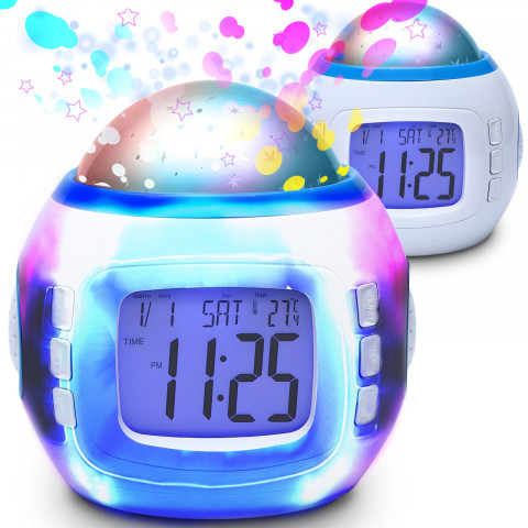 
7 viename žadintuvas su žvaigždžių projektoriumi, naktine lempute, termometru, 10 melodijų
