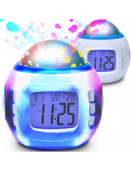 
7 viename žadintuvas su žvaigždžių projektoriumi, naktine lempute, termometru, 10 melodijų
