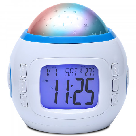 
7 viename žadintuvas su žvaigždžių projektoriumi, naktine lempute, termometru, 10 melodijų
