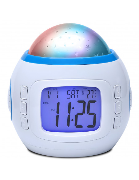 
7 viename žadintuvas su žvaigždžių projektoriumi, naktine lempute, termometru, 10 melodijų
