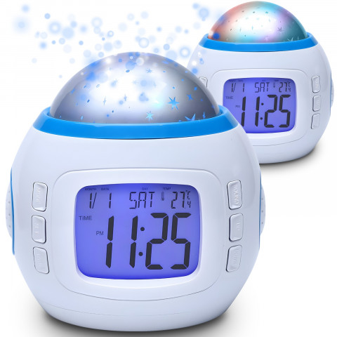 
7 viename žadintuvas su žvaigždžių projektoriumi, naktine lempute, termometru, 10 melodijų
