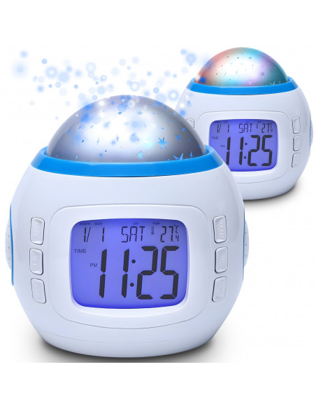 
7 viename žadintuvas su žvaigždžių projektoriumi, naktine lempute, termometru, 10 melodijų
