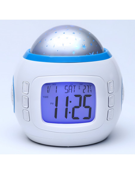 
7 viename žadintuvas su žvaigždžių projektoriumi, naktine lempute, termometru, 10 melodijų
