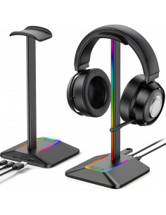 
Žaidimų stalo stovas ausinėms su USB šakotuvu, RGB LED foniniu apšvietimu
