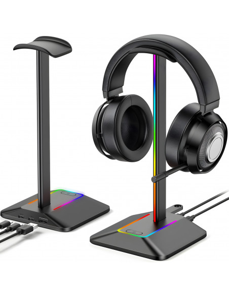 
Žaidimų stalo stovas ausinėms su USB šakotuvu, RGB LED foniniu apšvietimu
