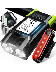 
Priekinis ir galinis dviračio žibintas su skaitikliu, skambučiu ir vožtuvais, maitinamas baterijomis
