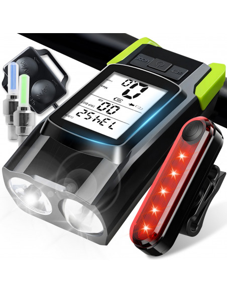 
Priekinis ir galinis dviračio žibintas su skaitikliu, skambučiu ir vožtuvais, maitinamas baterijomis

