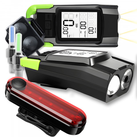 
Priekinis ir galinis dviračio žibintas su skaitikliu, skambučiu ir vožtuvais, maitinamas baterijomis
