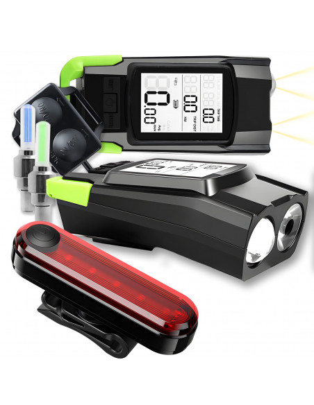 
Priekinis ir galinis dviračio žibintas su skaitikliu, skambučiu ir vožtuvais, maitinamas baterijomis
