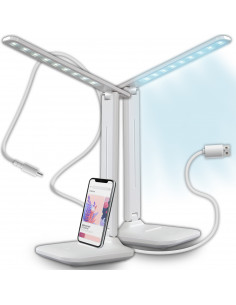 
Reguliuojama mokyklinė stalo lempa su telefono laikikliu - balta ir sidabrinė
