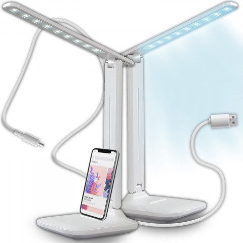 
Reguliuojama mokyklinė stalo lempa su telefono laikikliu - balta ir sidabrinė
