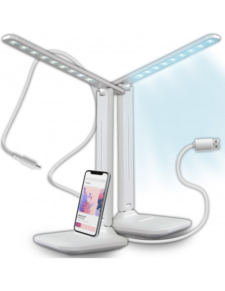 
Reguliuojama mokyklinė stalo lempa su telefono laikikliu - balta ir sidabrinė

