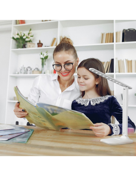 
Reguliuojama mokyklinė stalo lempa su telefono laikikliu - balta ir sidabrinė
