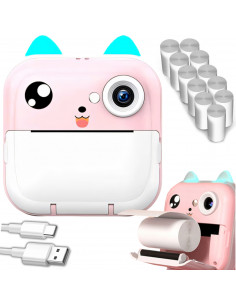 
Terminis spausdintuvas vaikams su kamera, garsiakalbiu, 5 žaidimais, Mini Cat, 11 ritinėlių - rožinis
