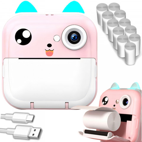 
Terminis spausdintuvas vaikams su kamera, garsiakalbiu, 5 žaidimais, Mini Cat, 11 ritinėlių - rožinis
