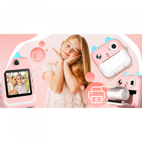 
Terminis spausdintuvas vaikams su kamera, garsiakalbiu, 5 žaidimais, Mini Cat, 11 ritinėlių - rožinis
