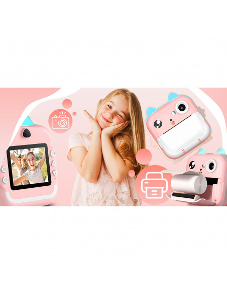 
Terminis spausdintuvas vaikams su kamera, garsiakalbiu, 5 žaidimais, Mini Cat, 11 ritinėlių - rožinis
