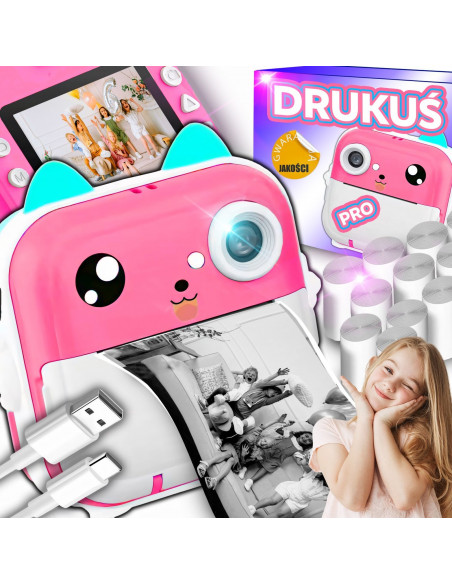 
Terminis spausdintuvas vaikams su kamera, garsiakalbiu, 5 žaidimais, Mini Cat, 11 ritinėlių - rožinis
