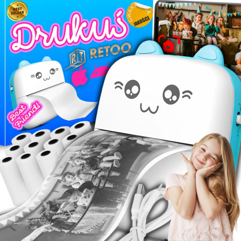 
„Mini Kot“ terminis spausdintuvas vaikams nuotraukoms ir užrašams, 11 ritinėlių, mėlynas
